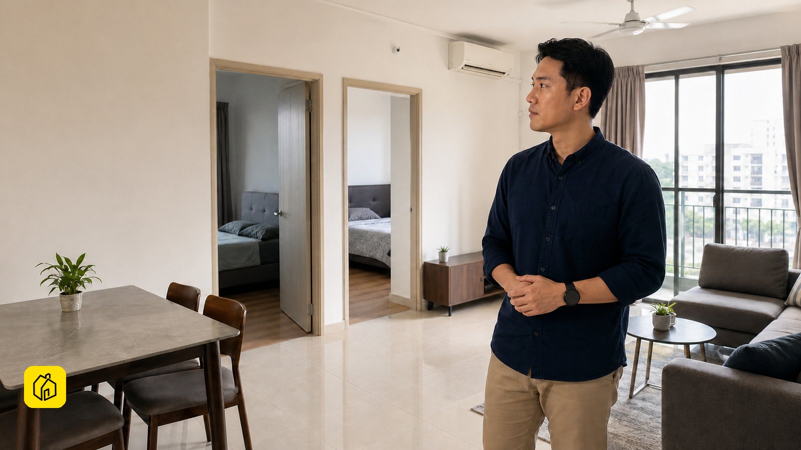 Malaysian landlord assessing the living area and existing bedroom access in a practical Puchong condominium.
