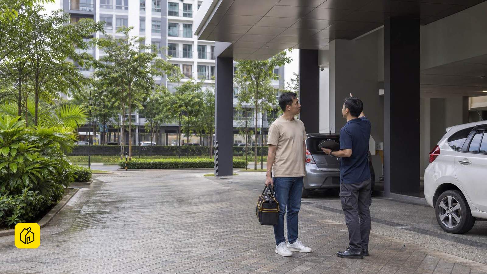Illustrative Seri Kembangan residential drop-off with an owner and technician discussing an inspection.