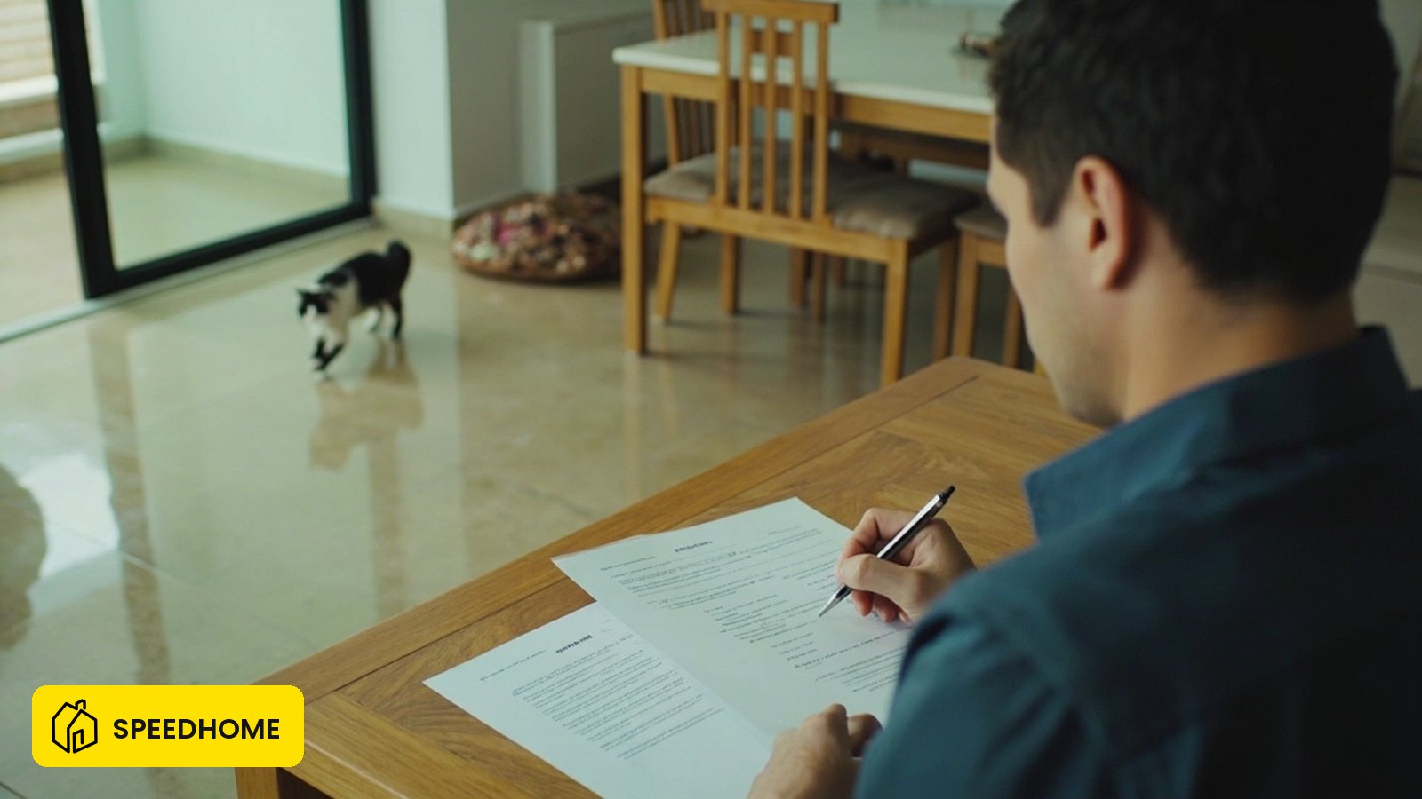 Malaysian landlord reviewing a pet tenancy agreement in a tiled condo living room with a cat nearby