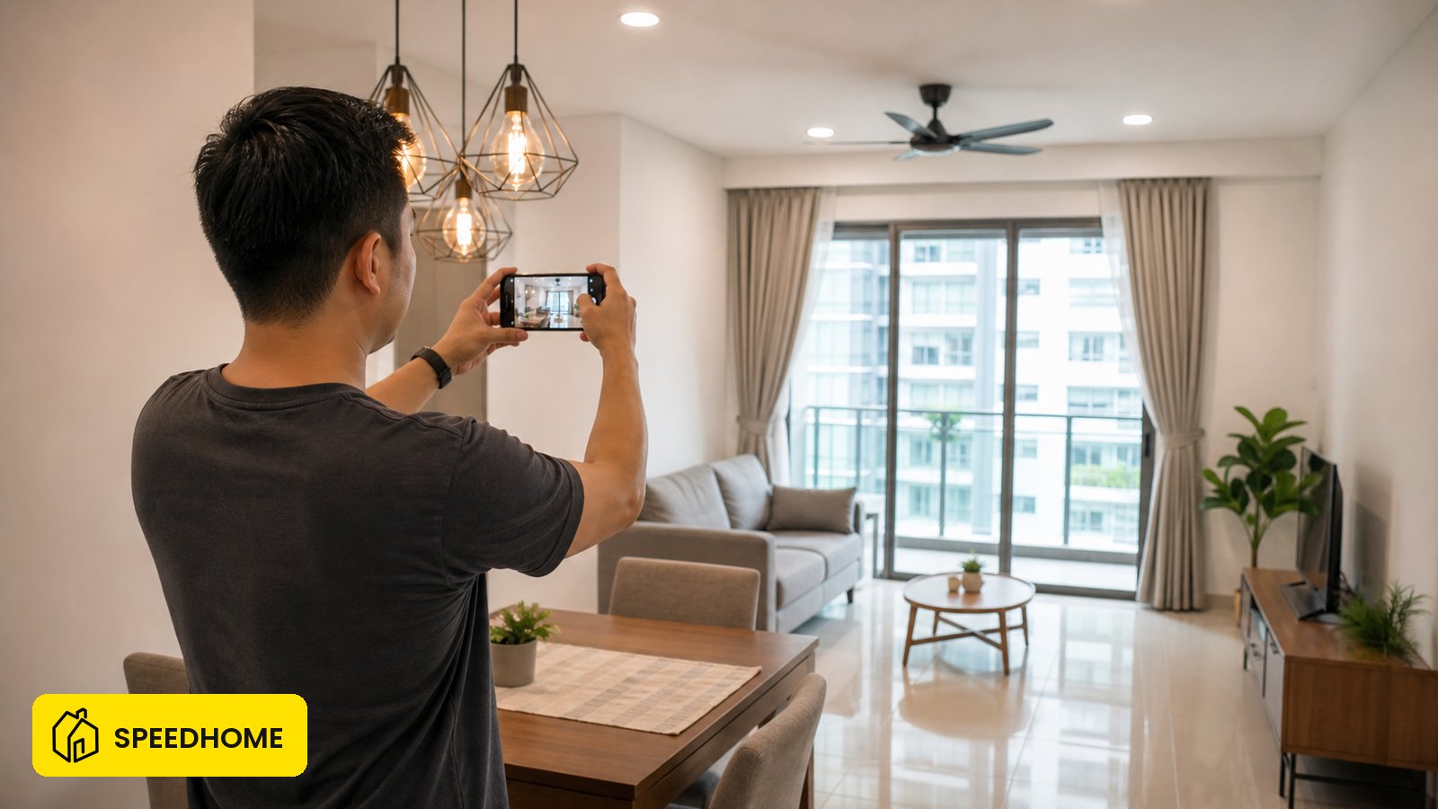 Malaysian landlord taking photos of a clean rental apartment before listing it online