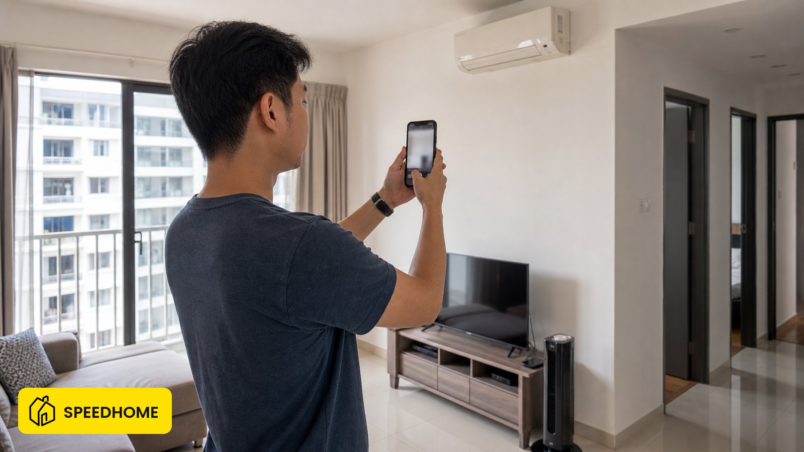Malaysian tenant photographing a wall during a move-in inventory in a furnished apartment