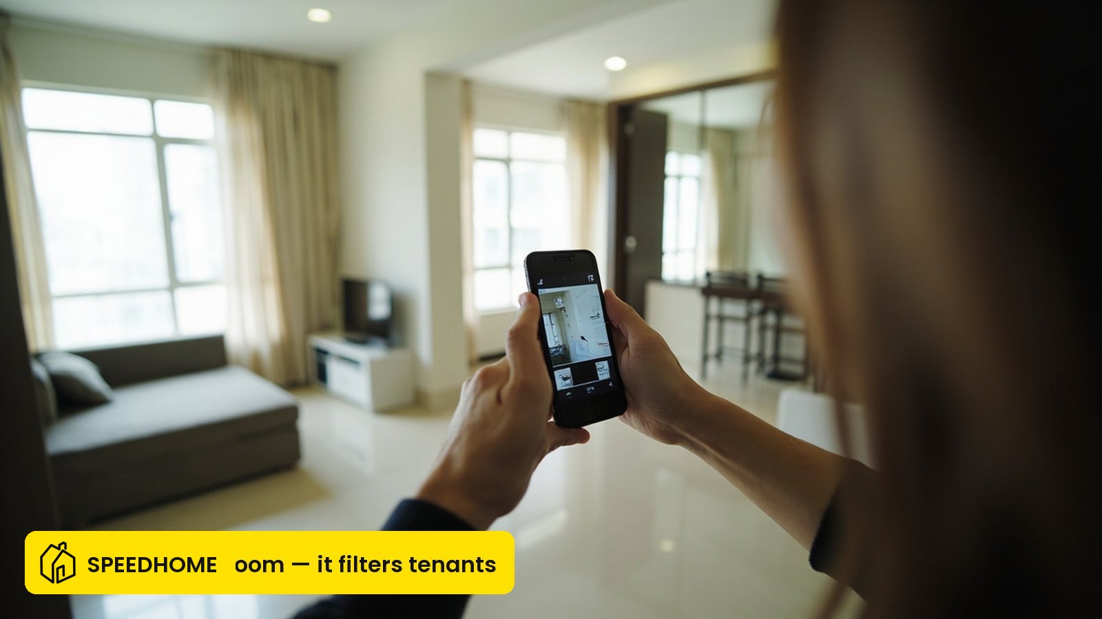 Malaysian landlord photographing the living room of a rental unit using a phone held horizontally