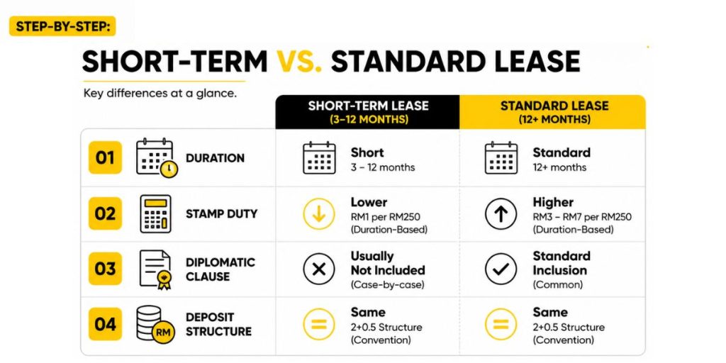 A clean, branded checklist visualization comparing 4 key differences between short-term and standard rental leases in Malaysia, including duration, stamp duty, and diplomatic clauses
