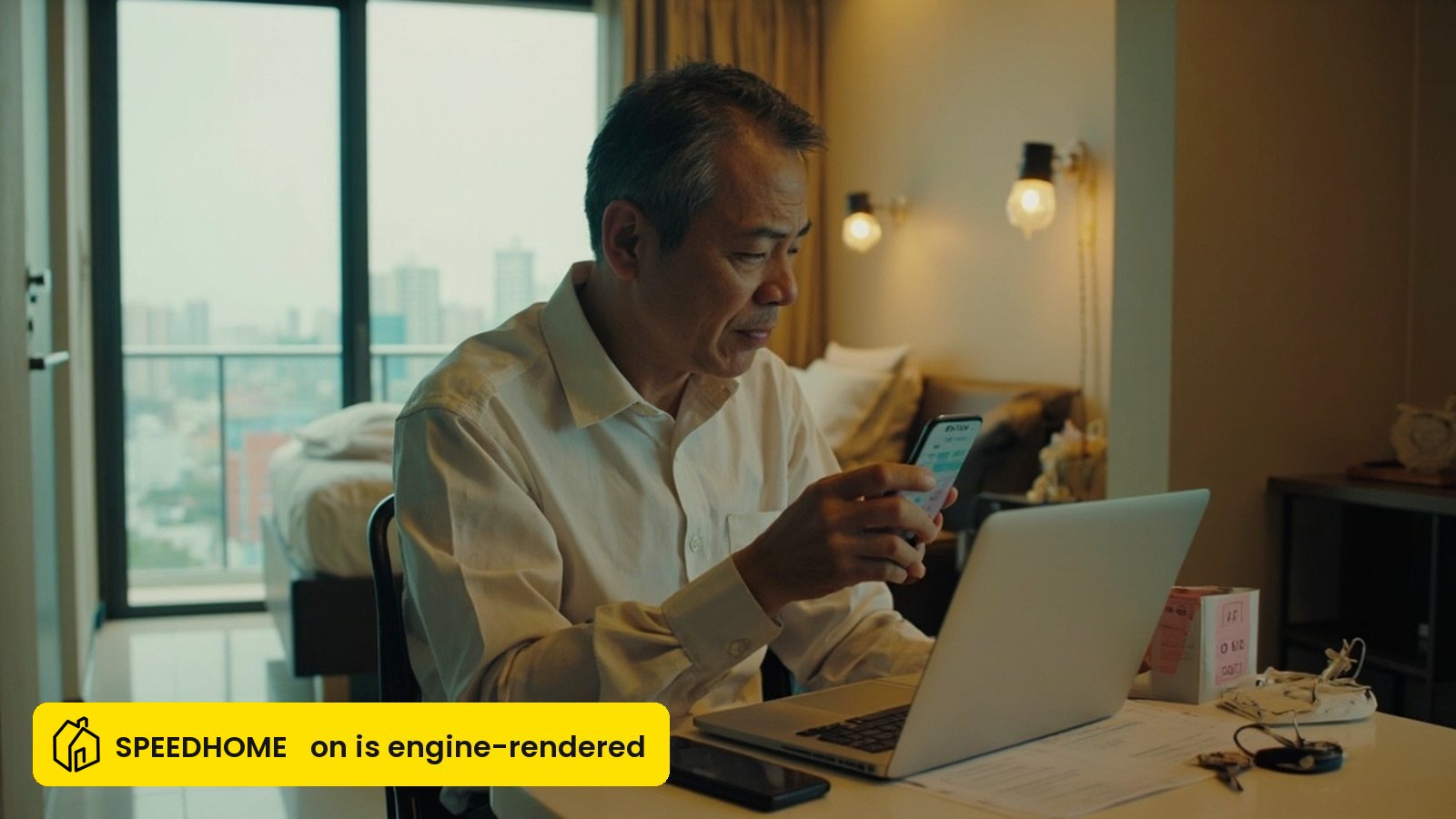 Malaysian Airbnb host reviewing rental income figures on a laptop inside a furnished KL condominium unit before filing income tax with LHDN