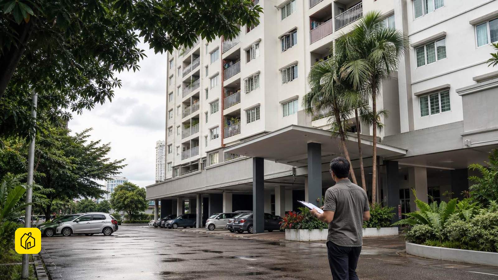 Illustrative Malaysian apartment exterior with a landlord inspecting the covered arrival area after rain.