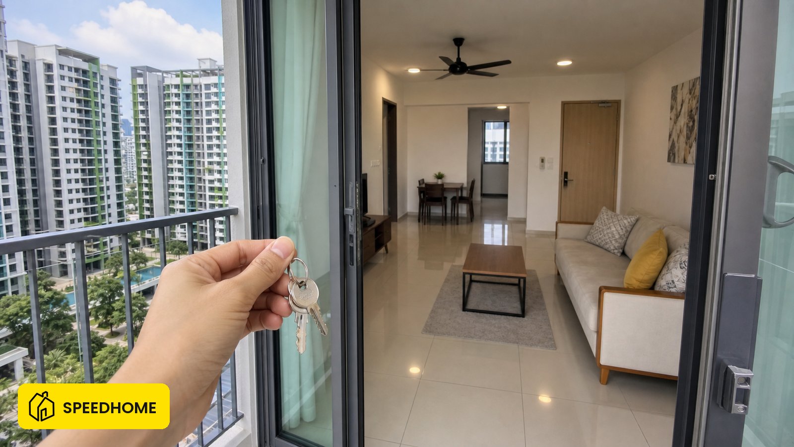 Prospective renter and property representative inspecting an ordinary Malaysian condominium unit during a viewing