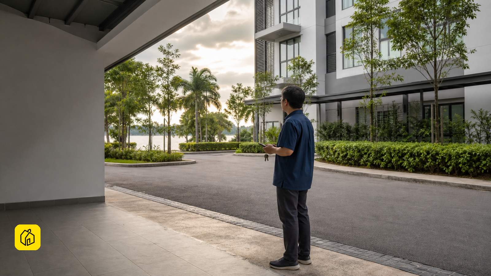 Illustrative Putrajaya waterfront apartment setting with an owner checking the covered arrival area.