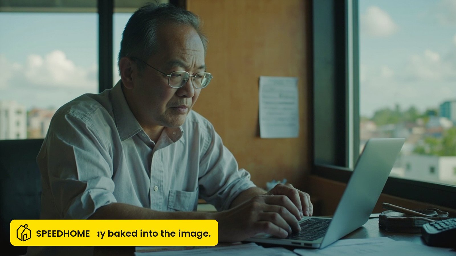 A Malaysian landlord filing rental income on Borang B or BE at a home desk in a condominium unit