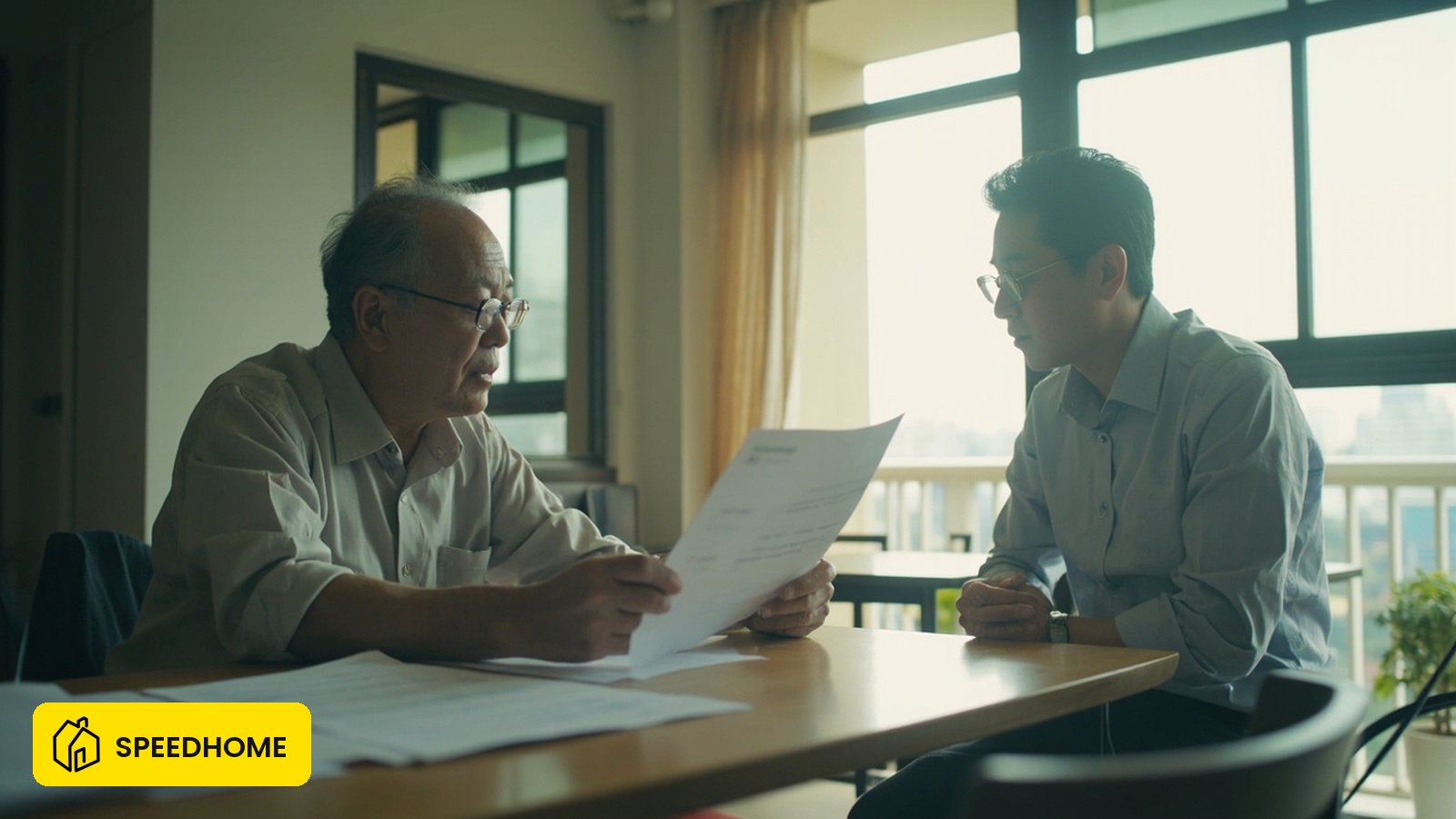 Malaysian landlord reviewing a fresh graduate tenant's offer letter in a KL apartment