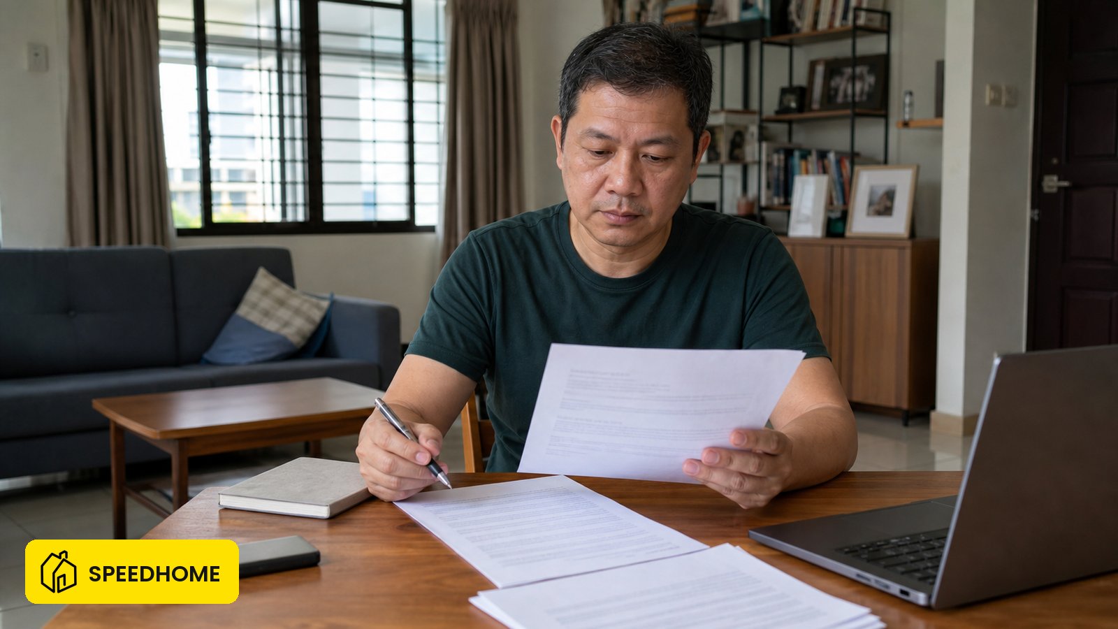 Malaysian landlord reviewing a tenancy agreement and written demand at a rental property