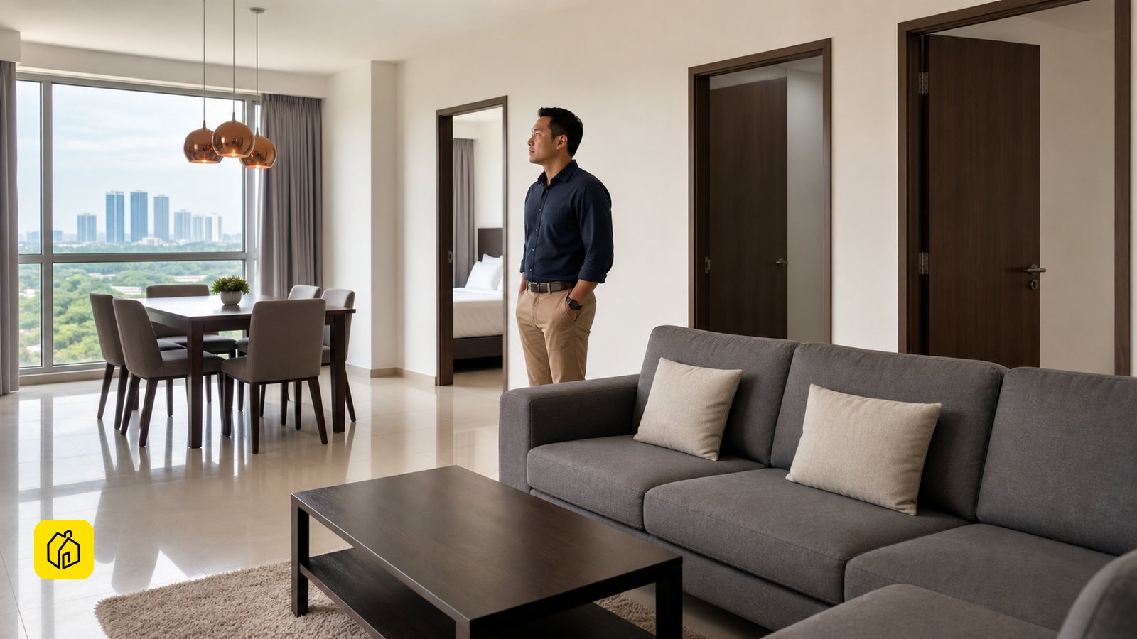 Malaysian landlord assessing an Ara Damansara condominium living area for whole-unit long-term letting.