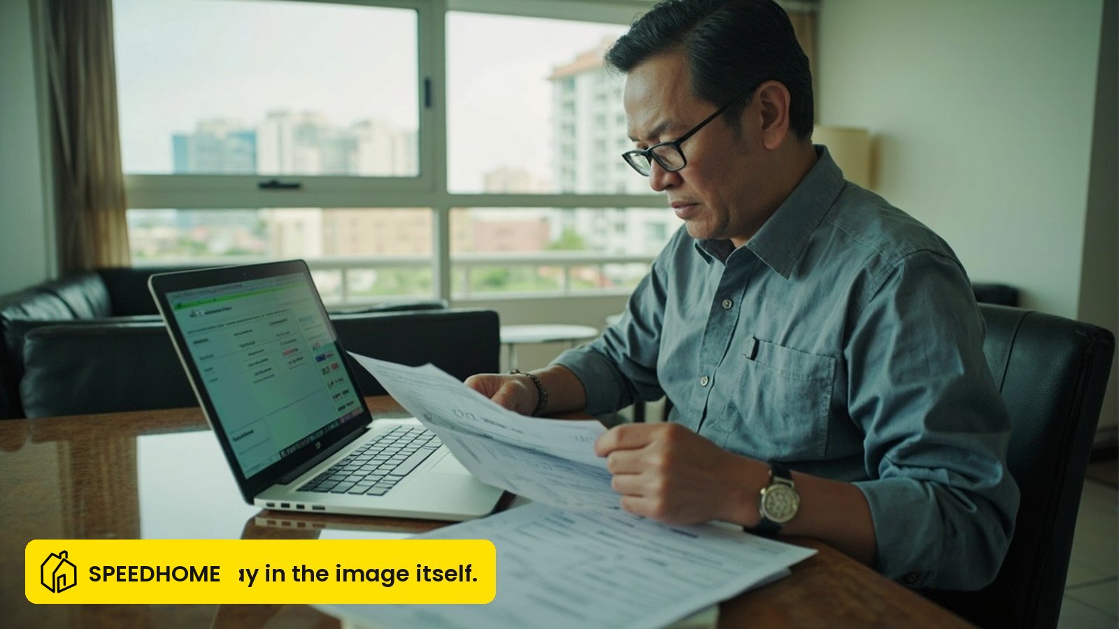 A Malaysian landlord reviewing capital growth versus rental yield figures at a table in a condominium unit