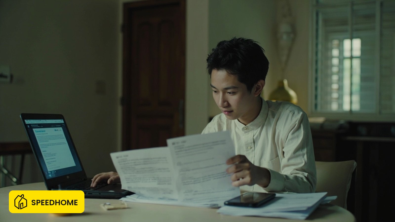 A Malaysian tenant calmly saving evidence of a discriminatory rental listing before filing a report.