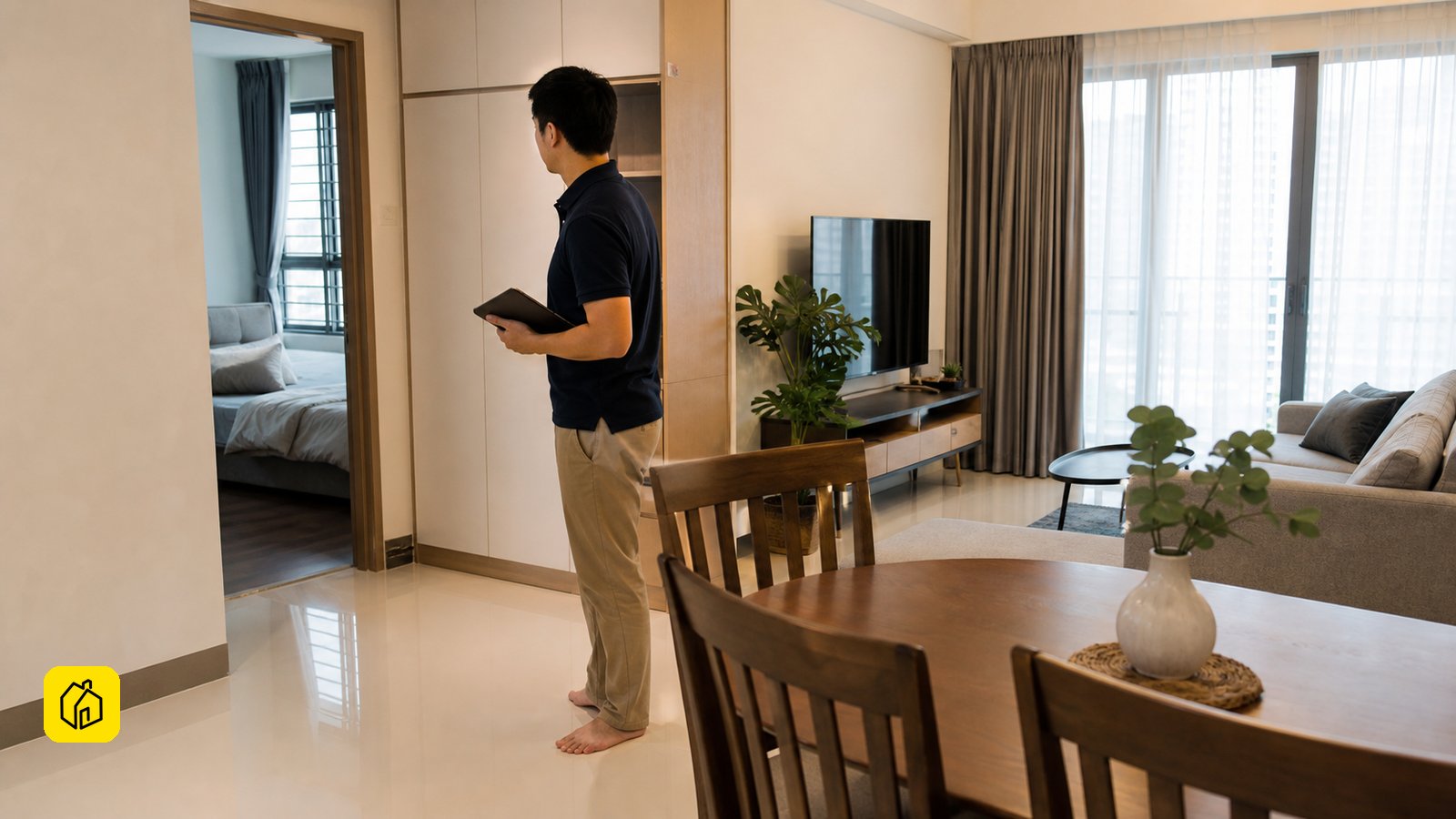 Malaysian landlord assessing bedroom access, storage and furniture in a family-sized Cyberjaya condominium.