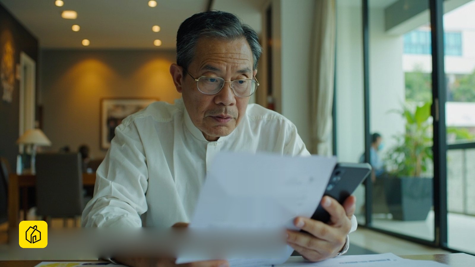 Malaysian landlord reviewing a rental application checklist with documents and a phone — selecting tenants on documented checks, not profiles