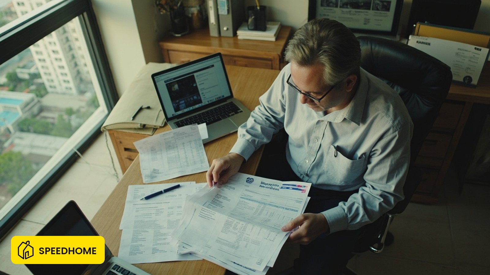 Malaysian landlord at desk sorting quit rent, assessment tax, and JMB strata maintenance notices
