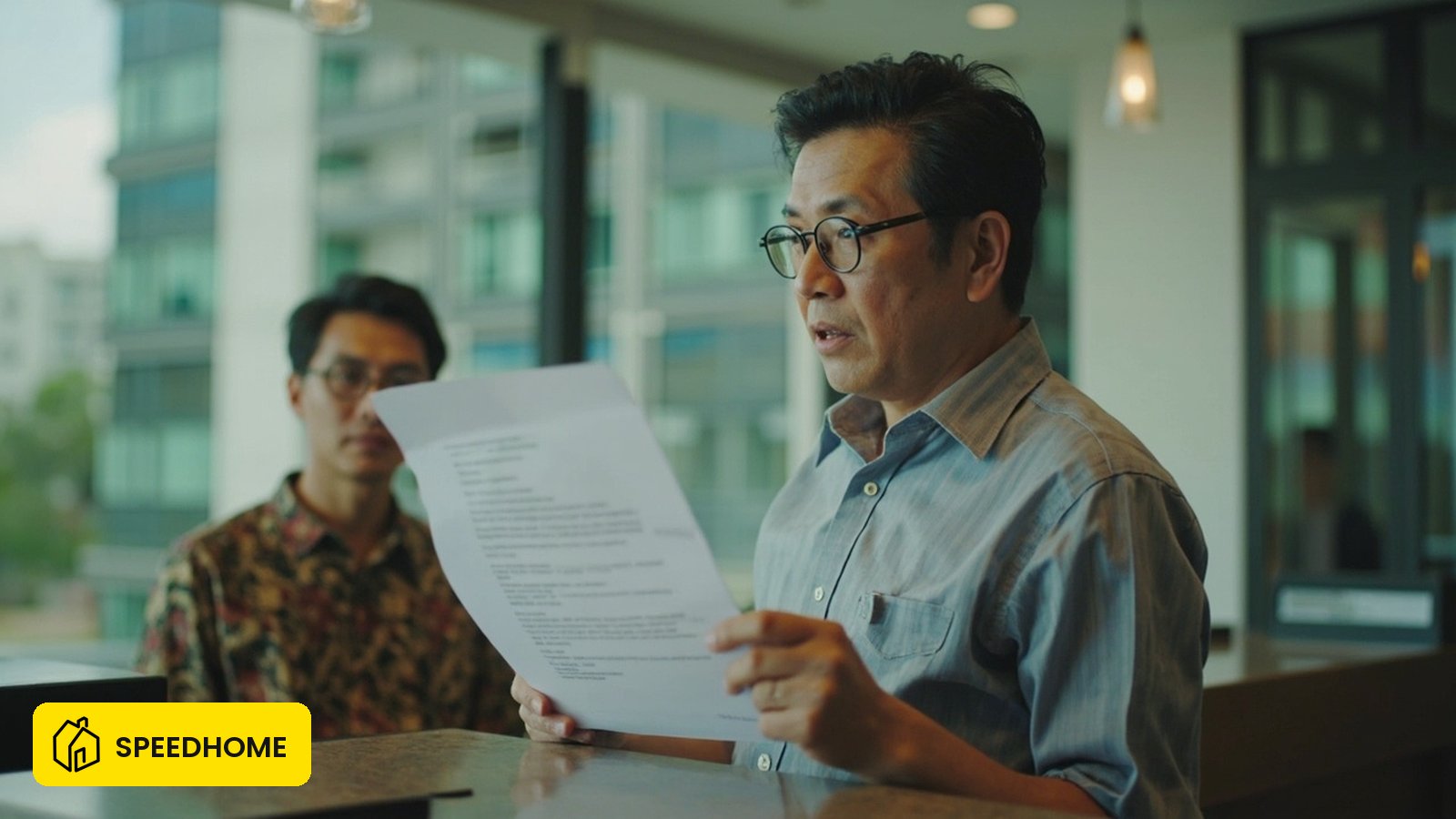 A Malaysian landlord reviewing a formal written demand document at the management counter of CyberSquare Cyberjaya, illustrating the lawful eviction and recovery process