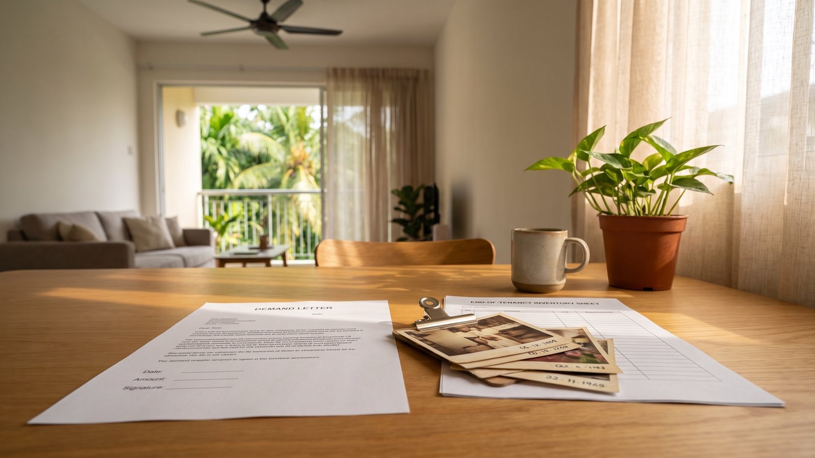 Demand letter for unreturned deposit Malaysia 2026 — SPEEDHOME hero card showing a printed demand letter on a desk beside a dated move-in photo record and an end-of-tenancy inventory sheet.
