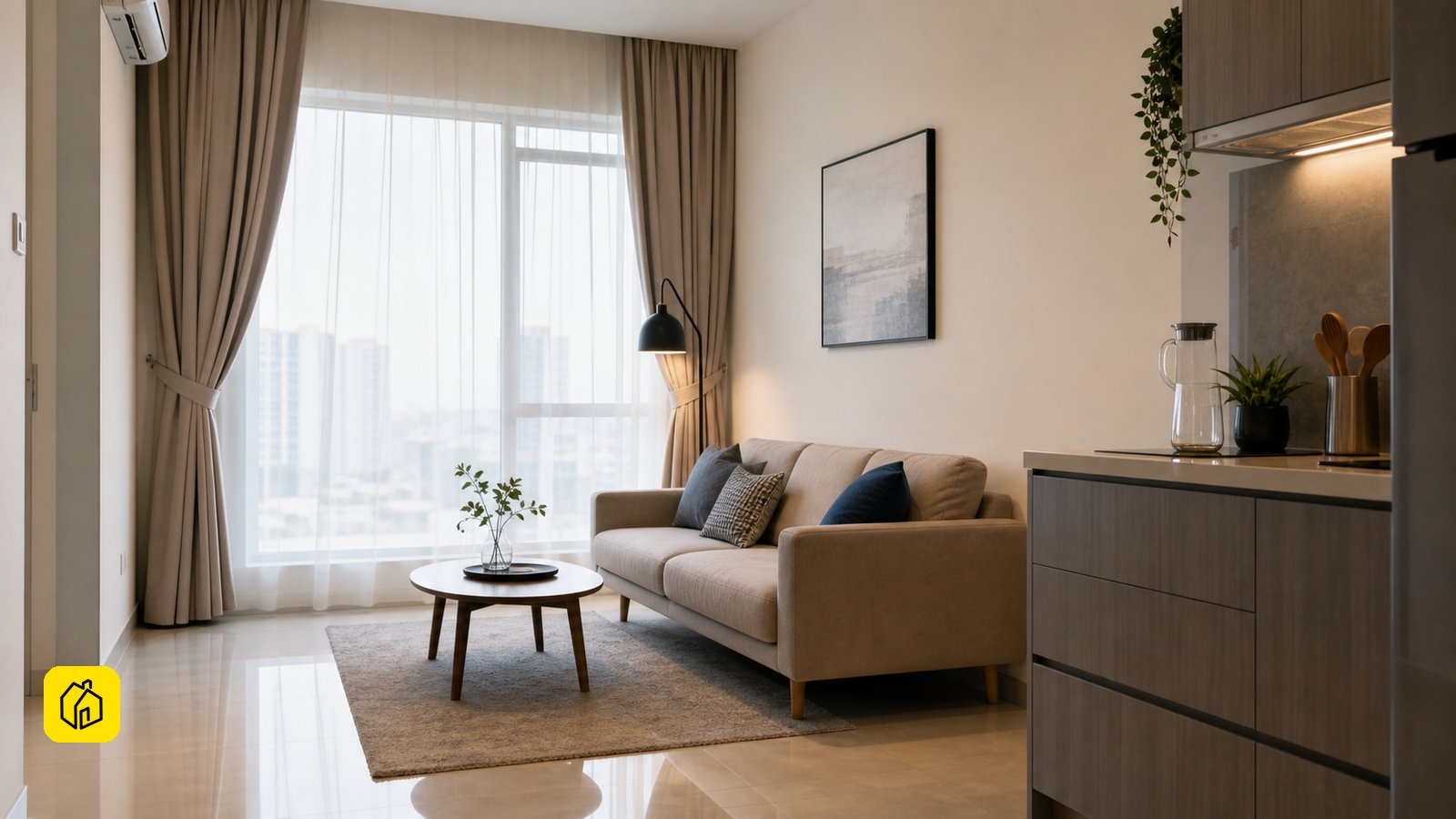 Malaysian landlord checking a compact serviced-apartment living area for a whole-unit tenancy.