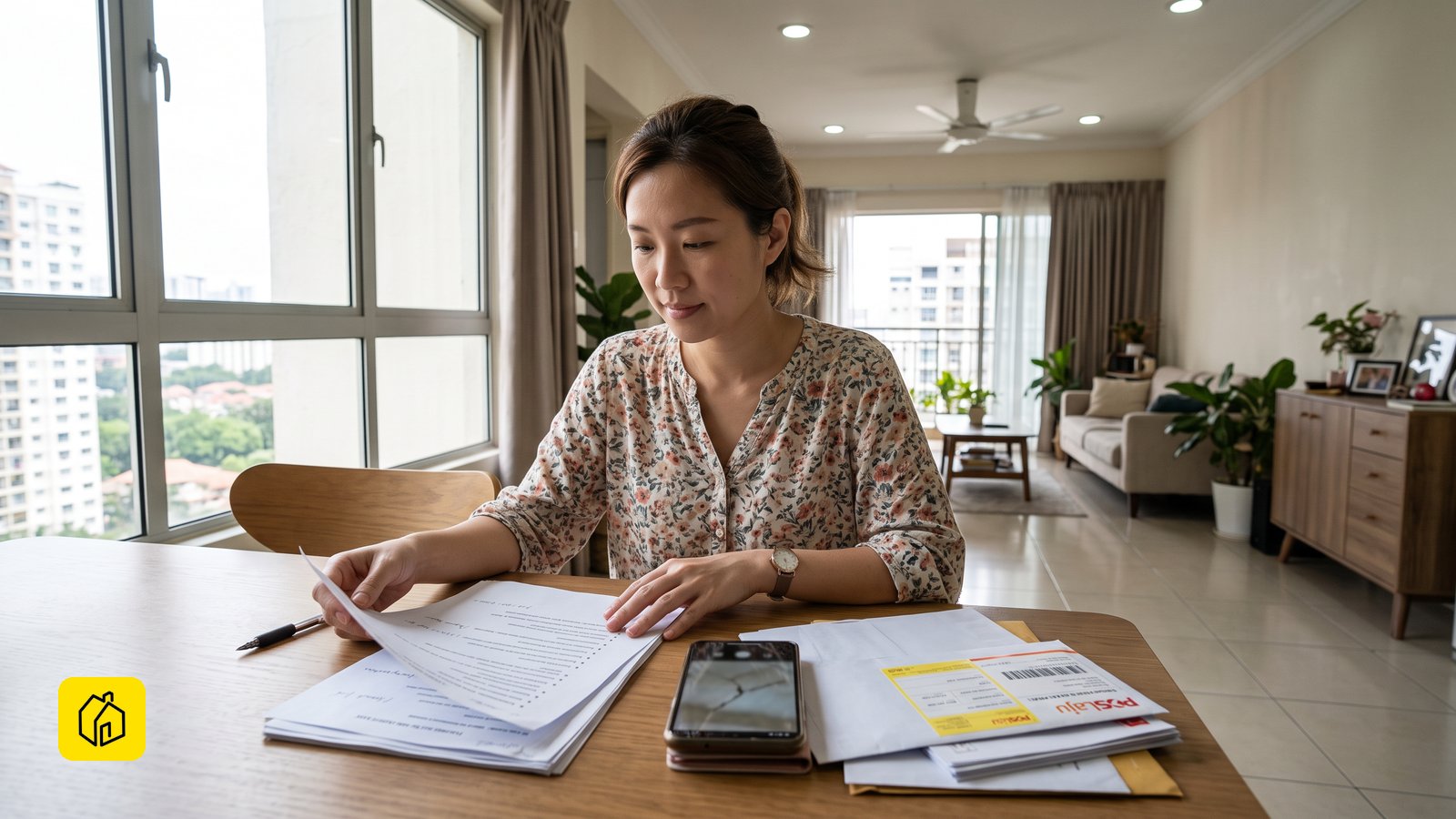 Malaysian home desk with a registered letter envelope, printed defect list and draft second notice, all text unreadable, for the developer-silent-after-defect-notice guide
