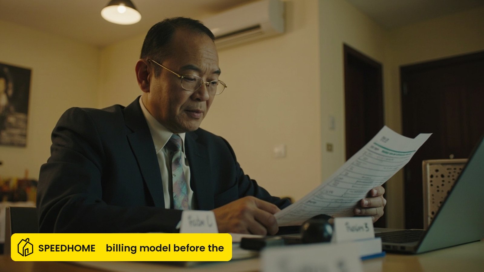 Malaysian room rental operator reviewing electricity billing options at a desk with an aircond unit visible on the wall
