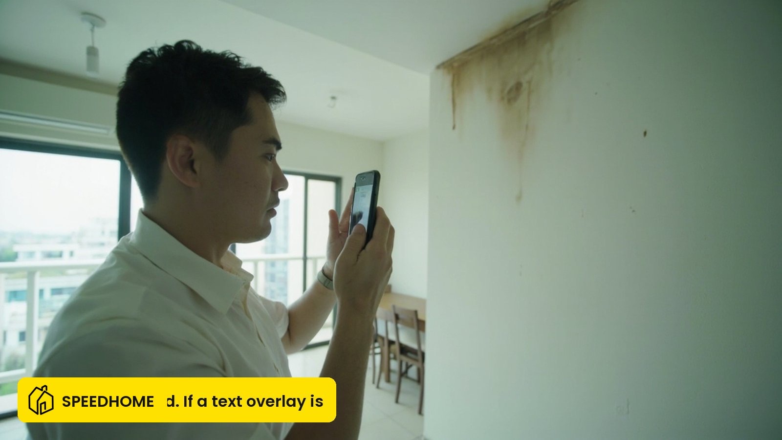 Tenant in a Malaysian apartment photographing a water stain on the ceiling as evidence for a repair report