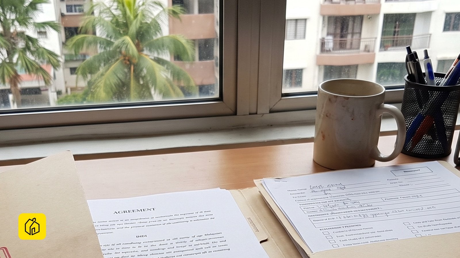 A landlord at a Malaysian immigration counter with a generic stamped tenancy file and a passport photocopy blurred for privacy, no readable names, normal immigration office counter, not a courtroom...