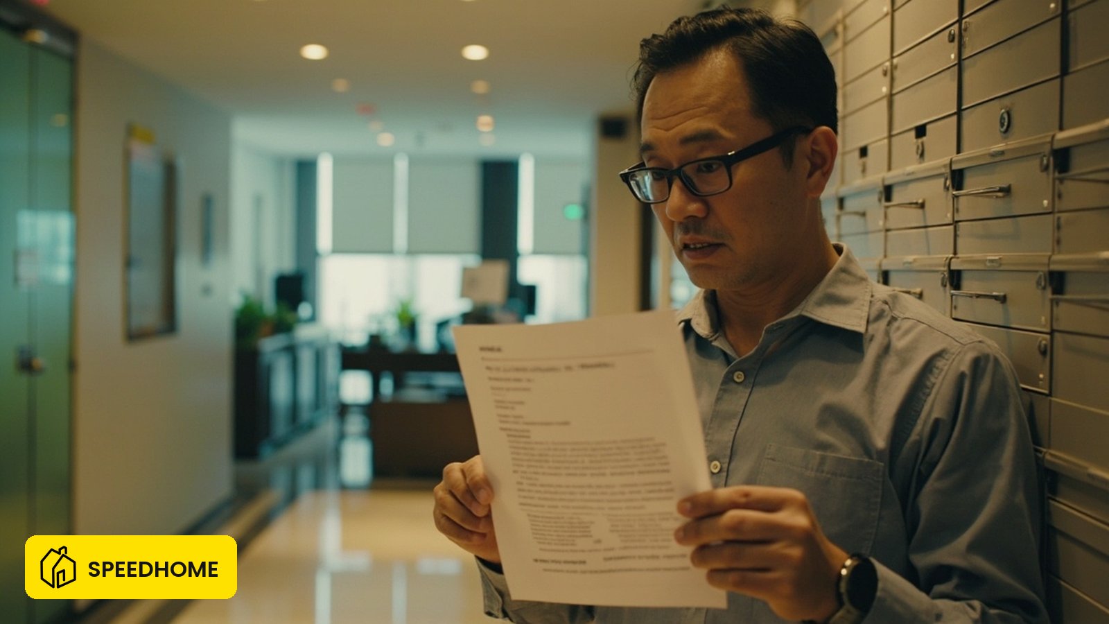 A Malaysian landlord reviewing a formal written demand document in the management office of a residential condominium, illustrating the lawful eviction process
