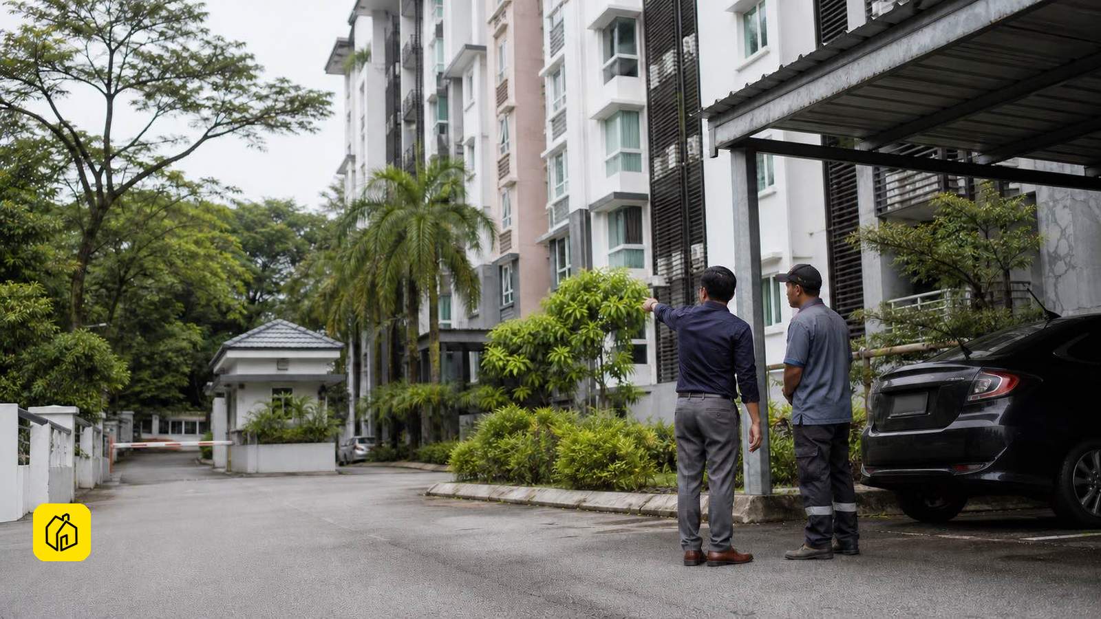 Illustrative Taman Equine apartment exterior with an owner and maintenance worker checking parking access.