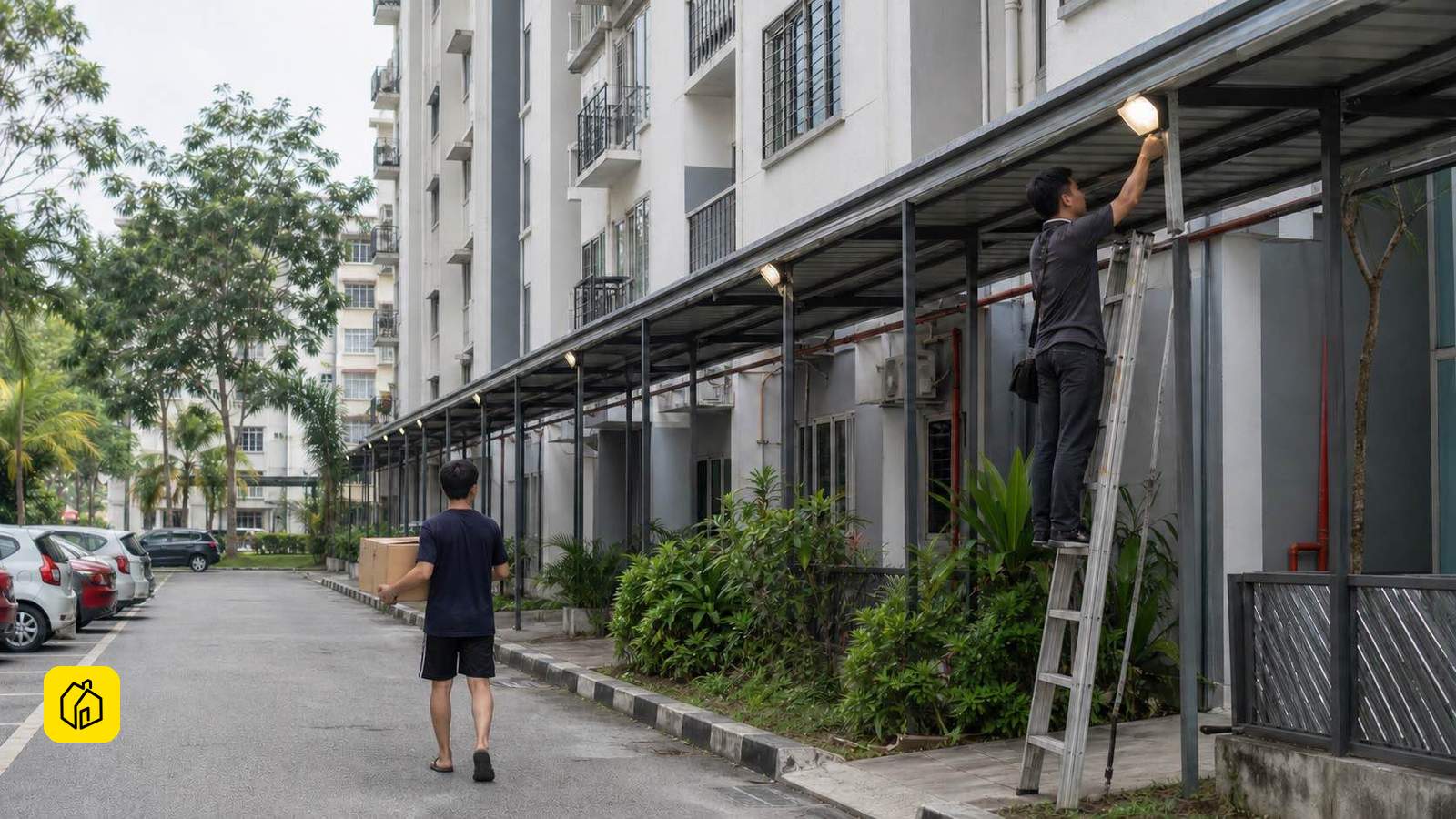 Illustrative Cyberjaya apartment walkway with a maintenance check and renter carrying an unmarked box.