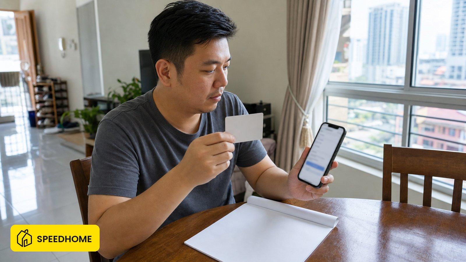 屋主在马来西亚公寓桌前核验 REN 标签并查询中介公司