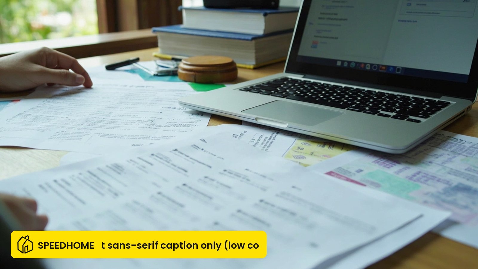 A Malaysian landlord workspace showing screening documents — payslip, bank statement, consented credit report and a reference checklist — on a desk beside a laptop