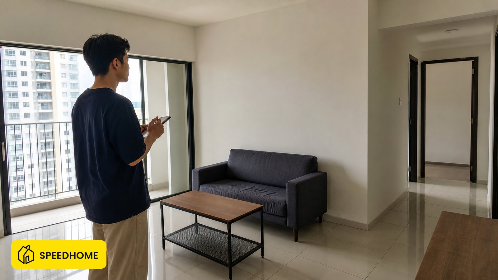 Tenant assessing a partially furnished 2-bedroom apartment in Malaysia before buying furniture