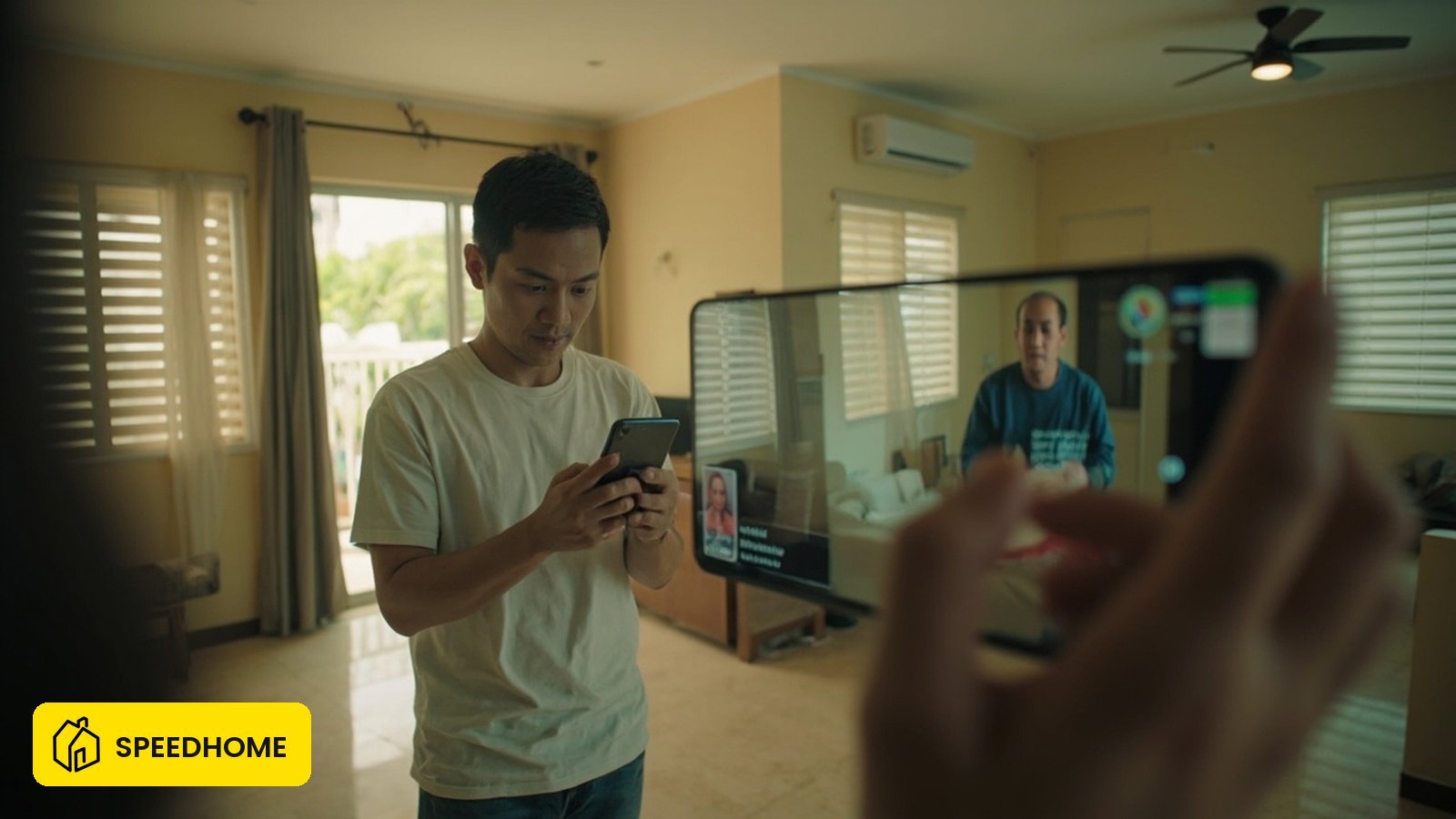 Landlord conducting a live virtual viewing of a Malaysian condo for a remote tenant