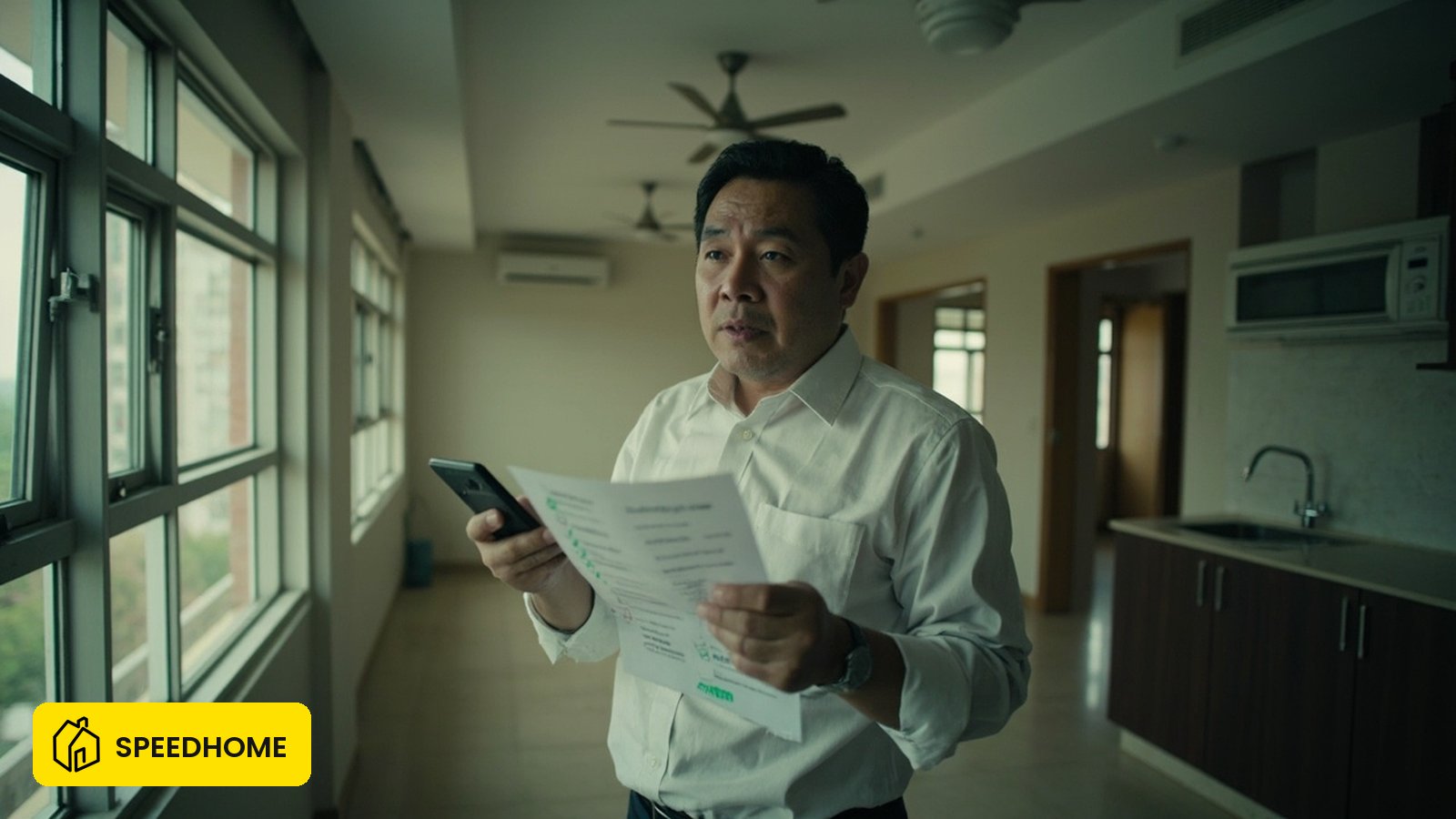 马来西亚房东在挂牌前对公寓单位做走查,手拿打印的检查清单和手机记录屋况