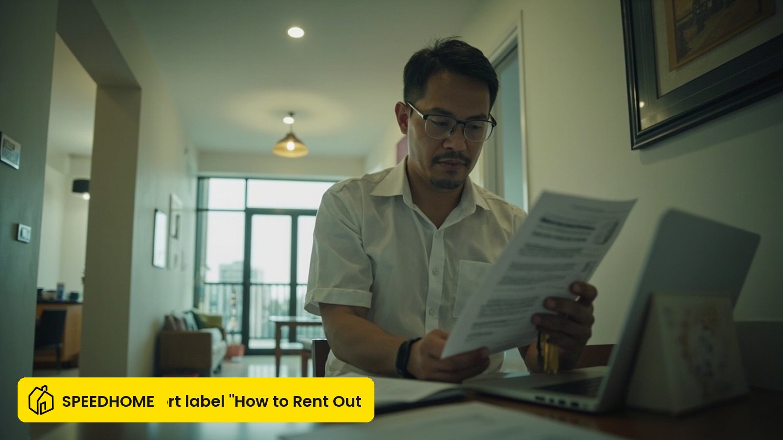 Malaysian landlord reviewing a tenancy agreement document at a desk in a Klang Valley apartment, preparing to rent out the unit as an investment property.