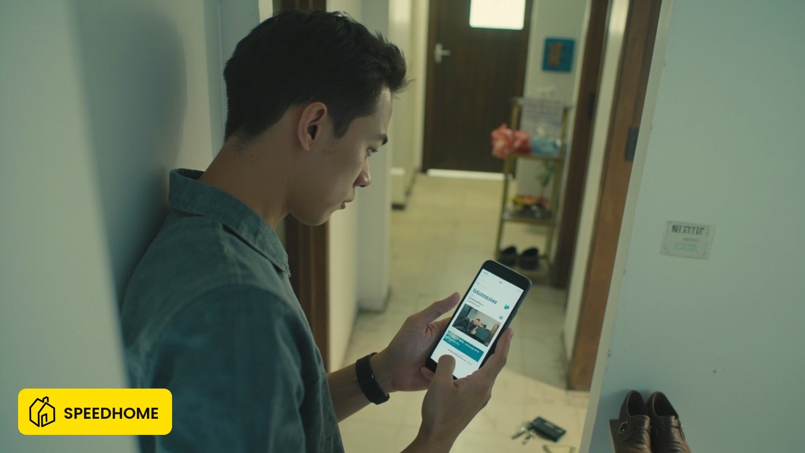 Malaysian tenant checking a room listing on a phone outside a co-living unit door before paying a deposit