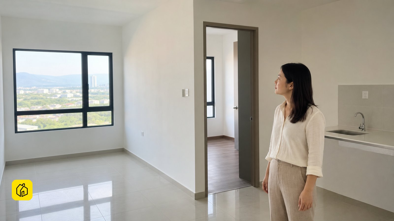 Illustrative Kajang TOD streetscape near Sungai Jernih MRT with a landlord and inspector walking past the residential block entrance — supports the Jernih Residence Kajang rental investment page (THIN_HONEST, 2Q2026 completion, Sunway × MKH JV freehold).