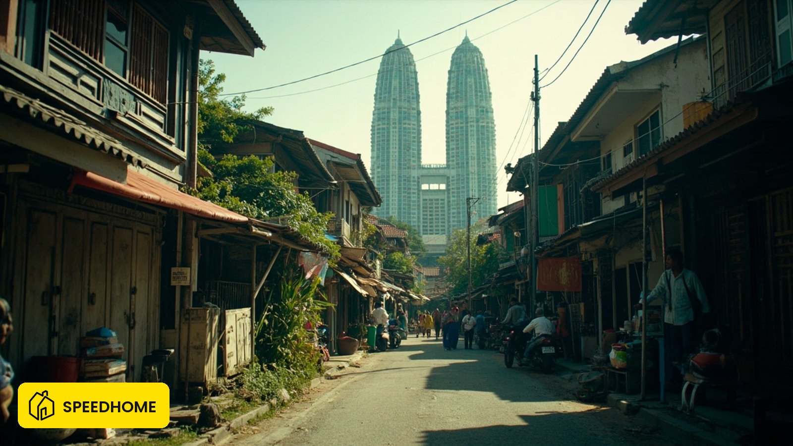 Traditional Malay terrace-house street in Kampung Baru, Kuala Lumpur, with KLCC towers visible nearby