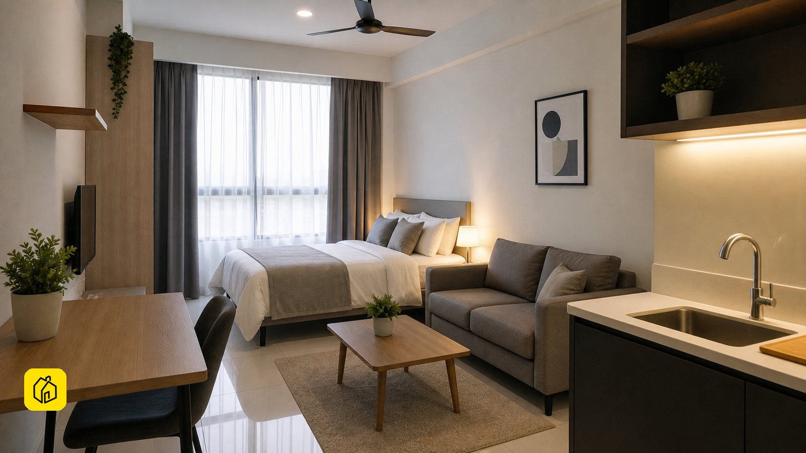 Malaysian owner reviewing a compact furnished studio apartment for a long-term tenancy decision.