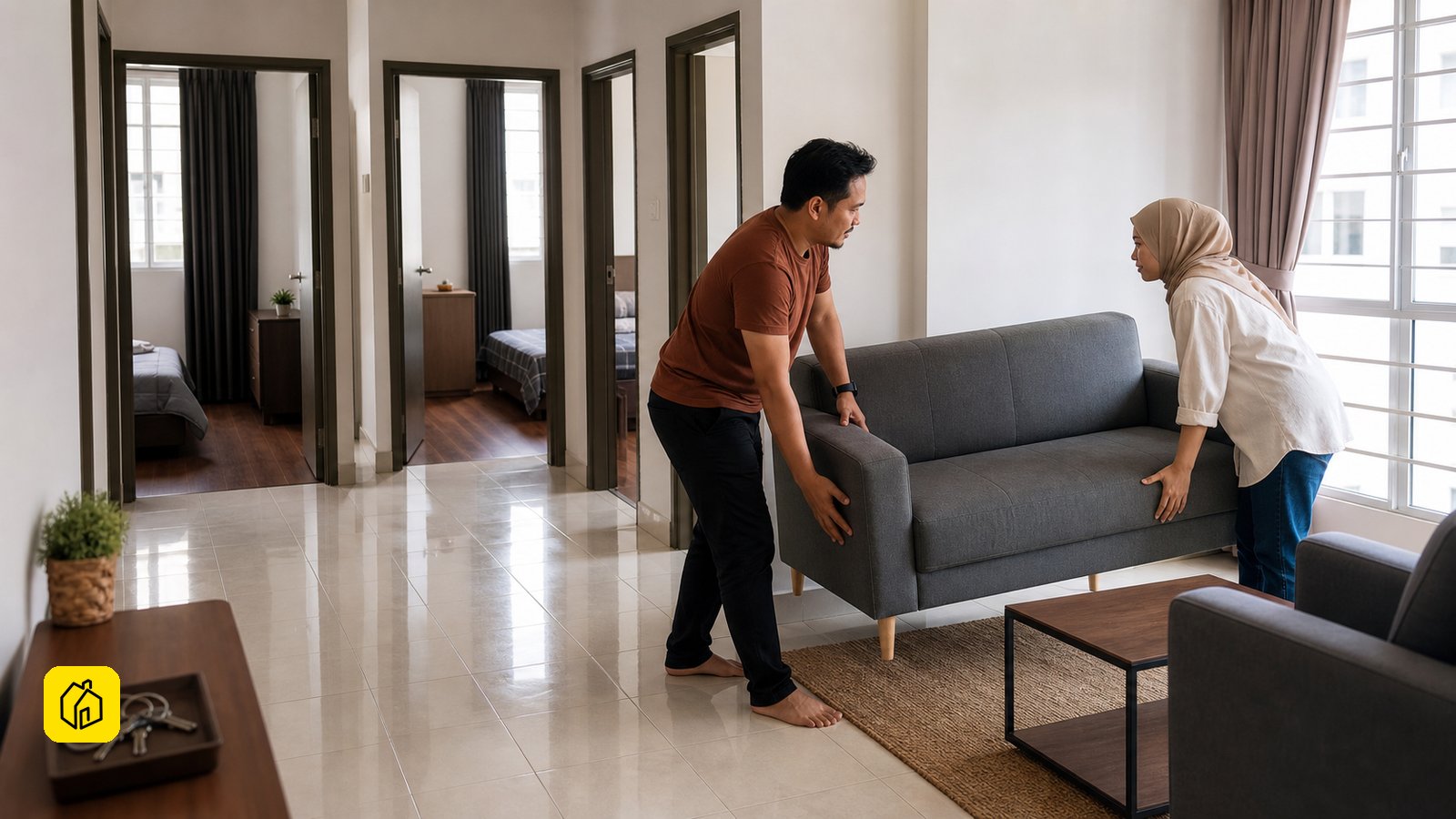 Malaysian landlord preparing a practical three-bedroom apartment living space for whole-unit rental.