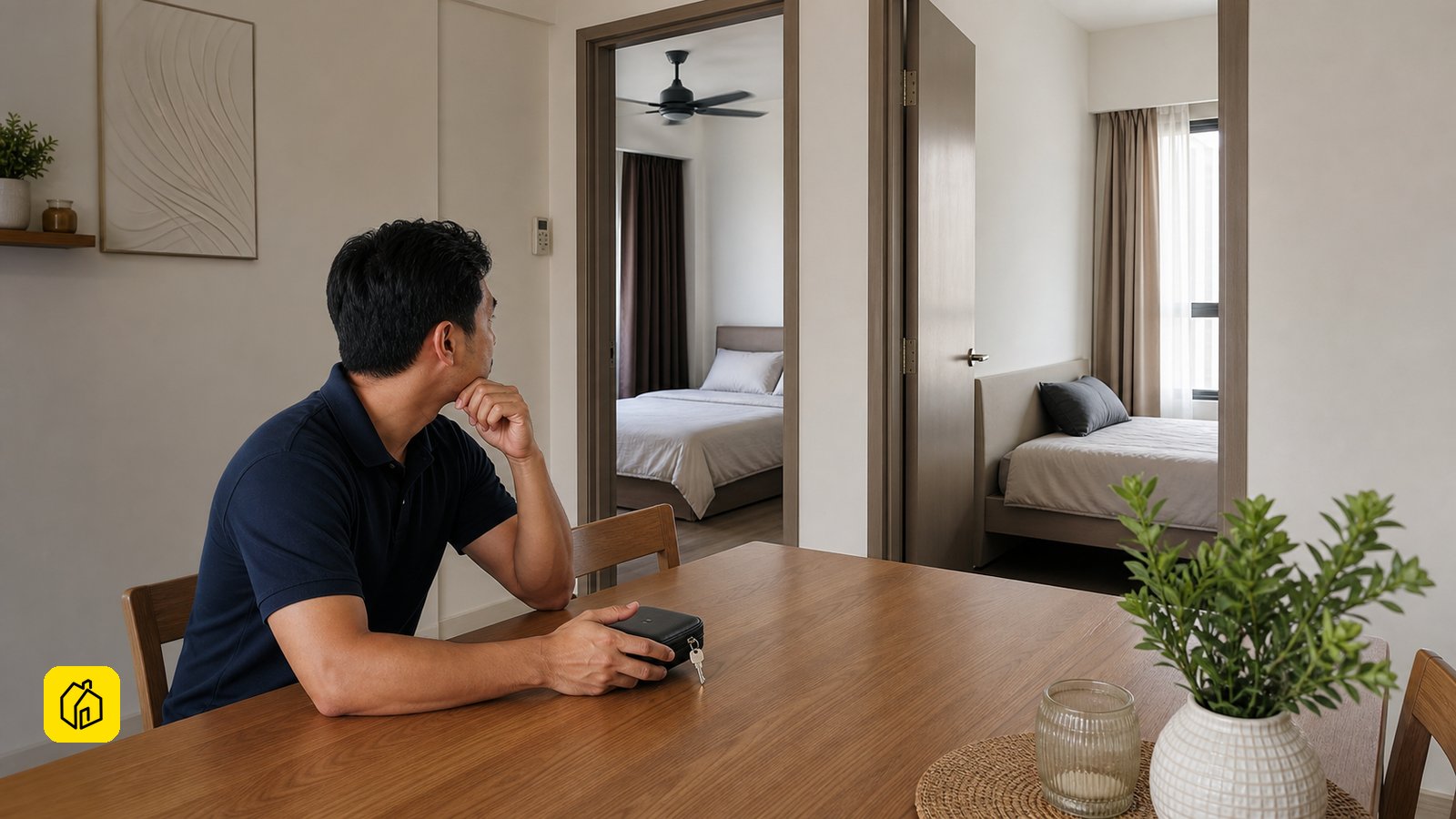Malaysian owner checking an existing-bedroom apartment layout before a long-term rental handover.