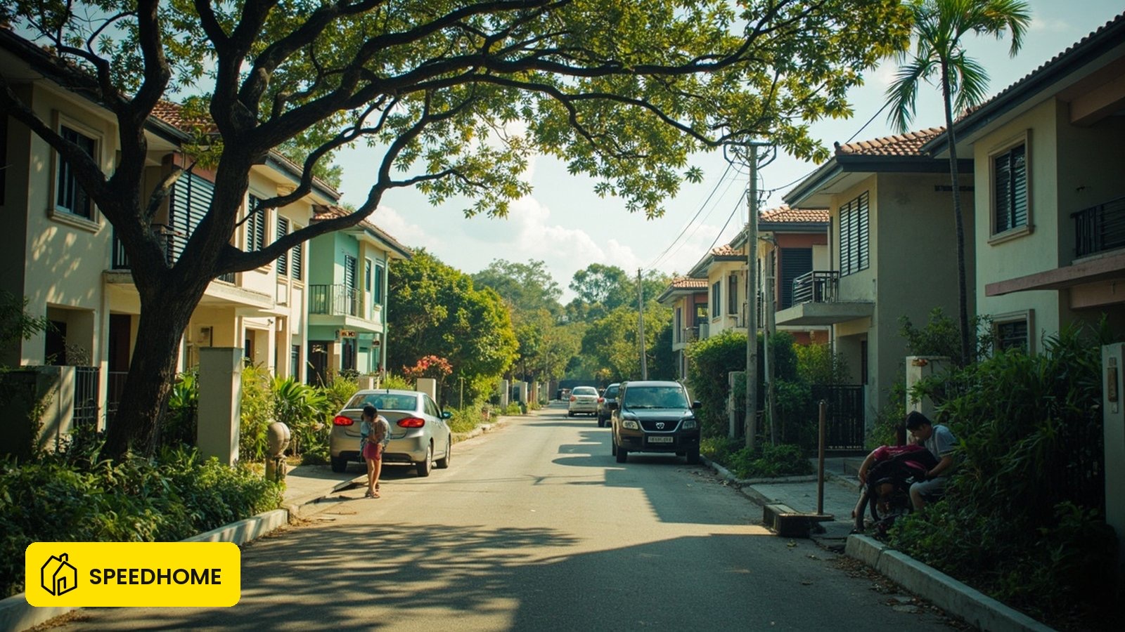 Low-rise residential street in Lagoon Perdana, Subang Jaya — double-storey link houses with tree canopy