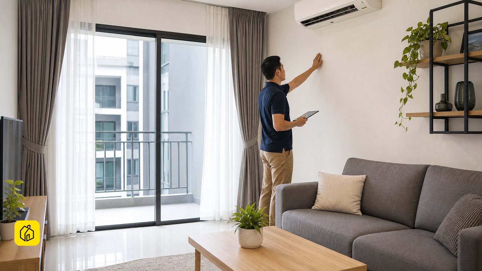 Malaysian landlord inspecting the wall, balcony door and air-conditioning in a Cyberjaya apartment before long-term letting.