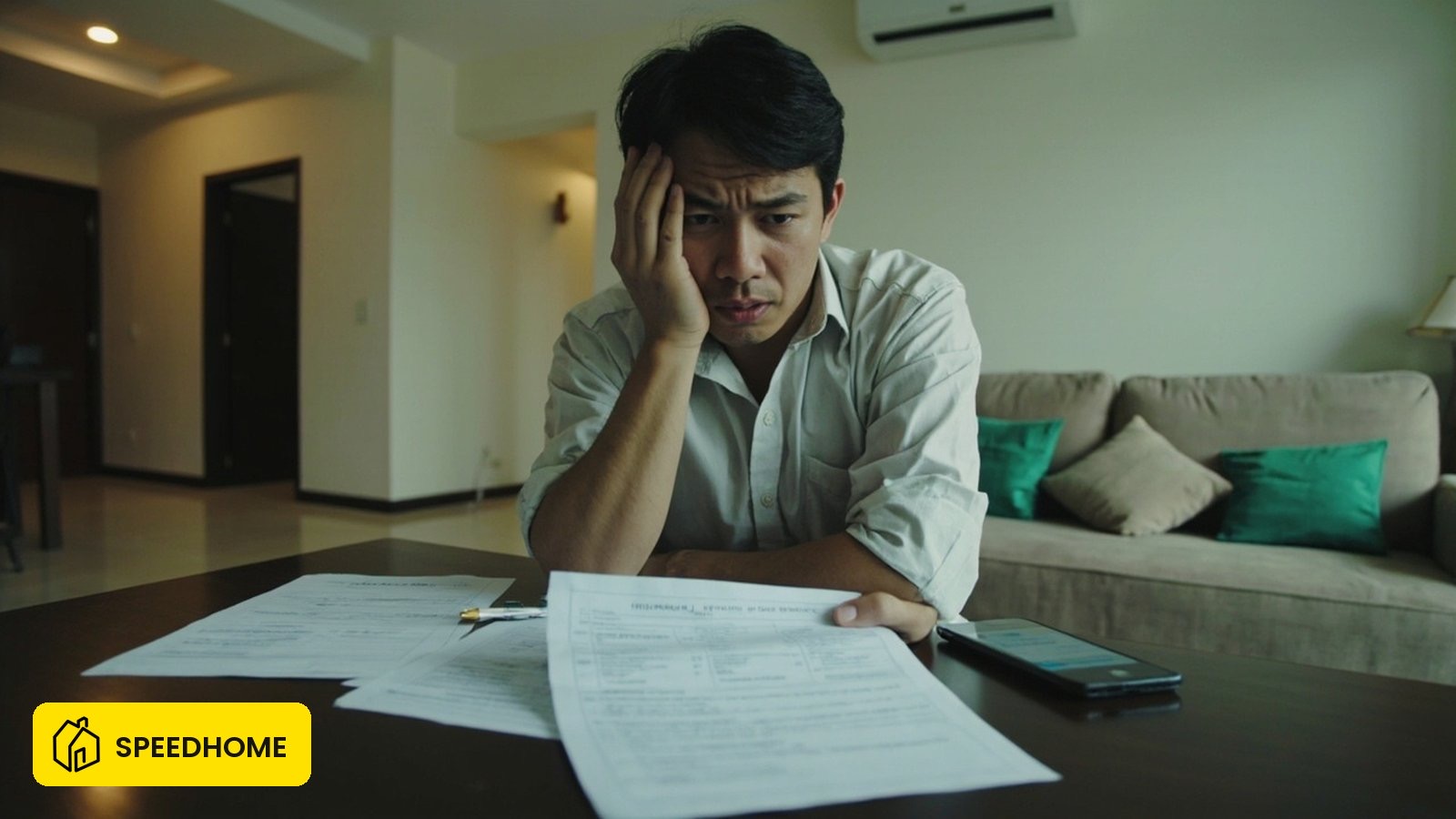 Tenant reviewing an itemised deposit deduction list in a Malaysian rental unit at move-out