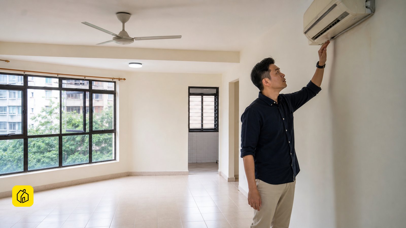 Malaysian landlord inspecting wall, window and air-conditioning condition in an established Selayang condominium.