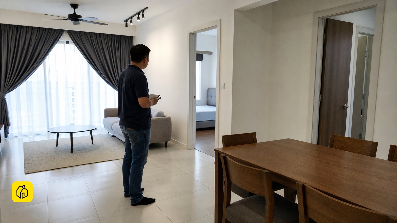 Malaysian landlord assessing a spacious condo living and dining layout for whole-unit or room-rental fit.