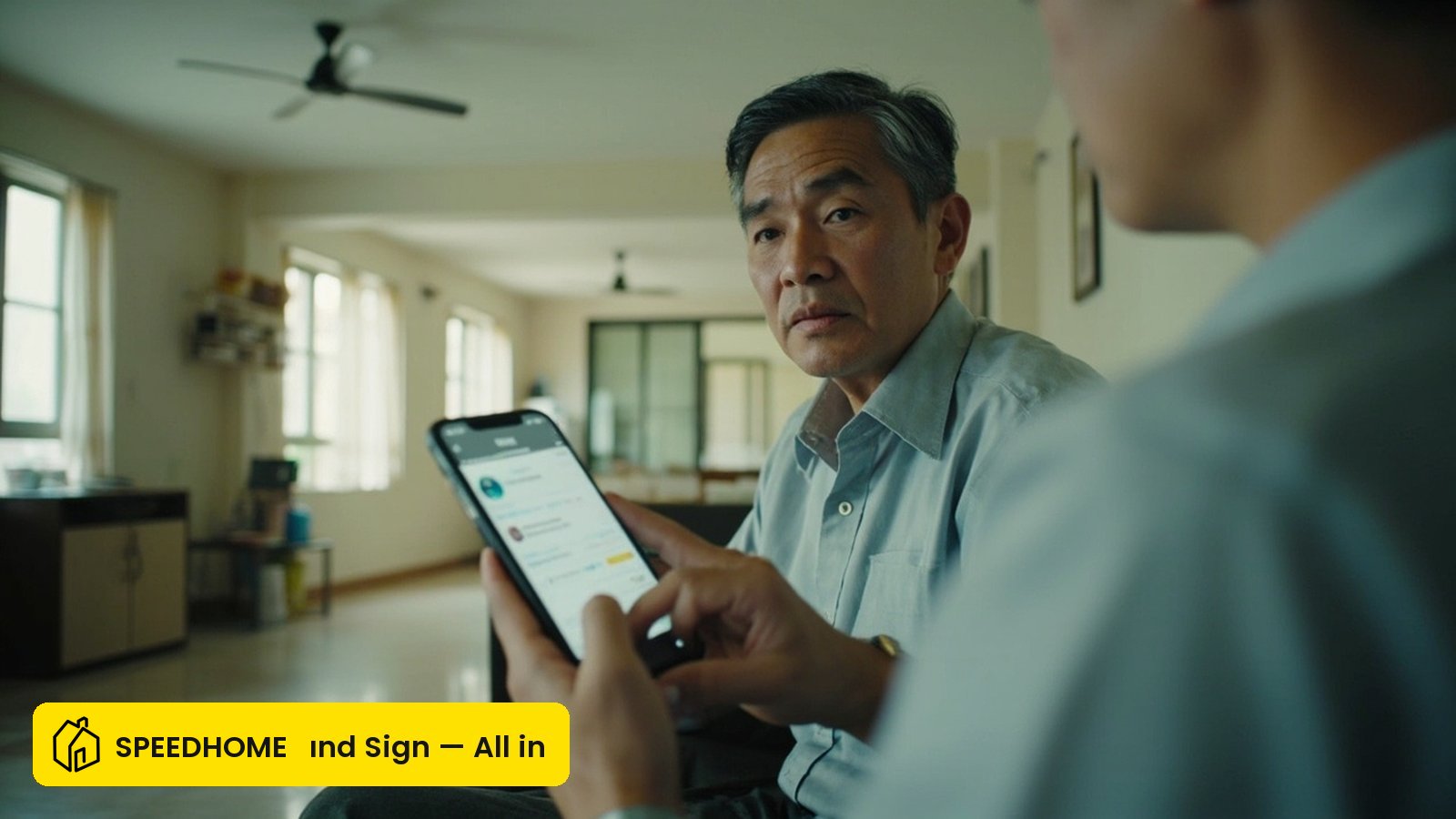 Malaysian landlord reviewing a rental listing and applicant message on a smartphone inside a modest apartment