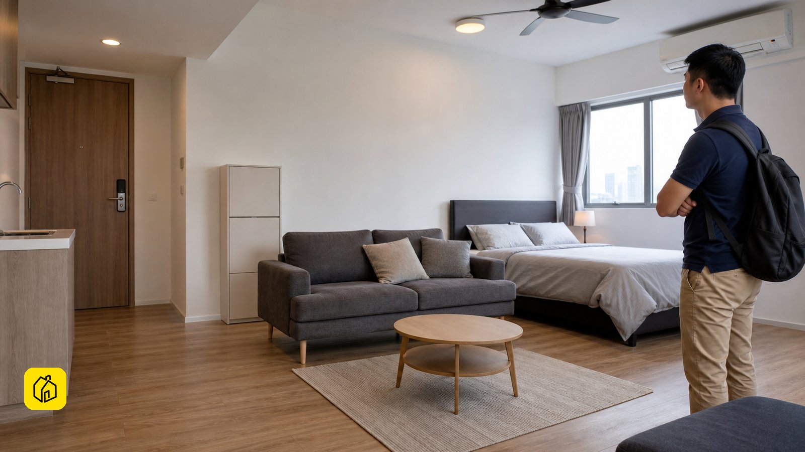 Malaysian owner assessing a compact serviced-apartment living area for long-term tenancy.
