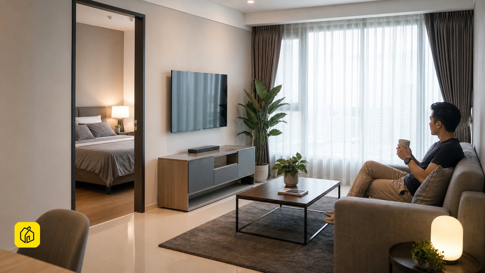 Malaysian owner reviewing a compact city serviced-apartment interior for whole-unit tenancy.